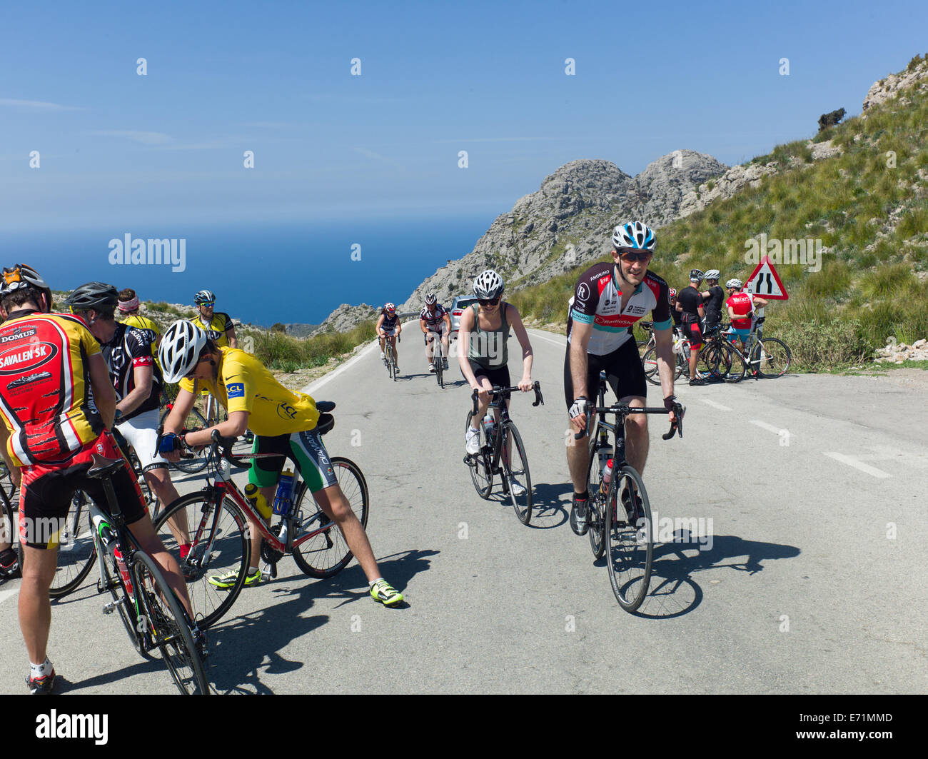 Cyclists at Sa Calobra, Mallorca Stock Photo