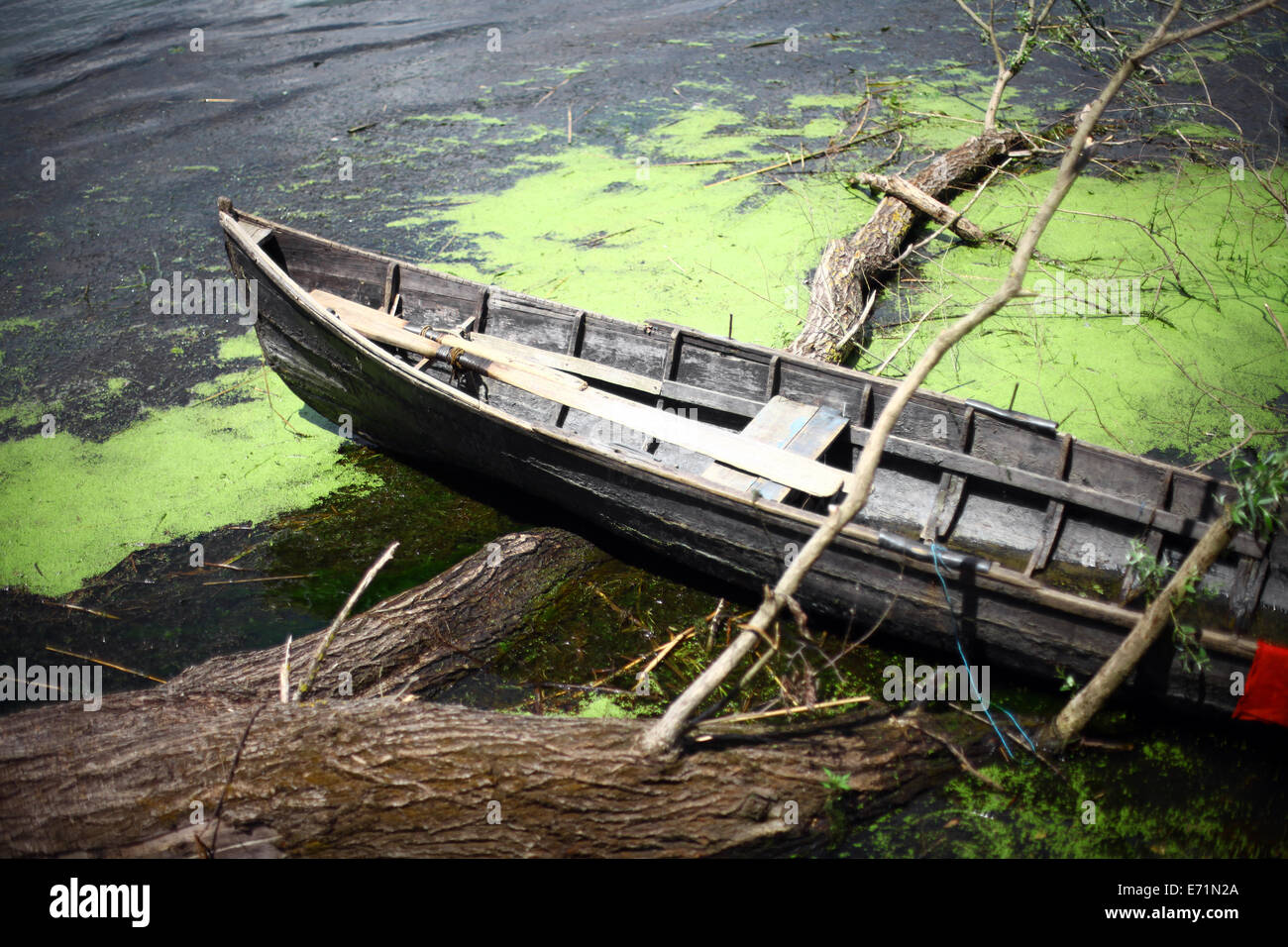 Color picture of a wooden boat on a river bank Stock Photo - Alamy