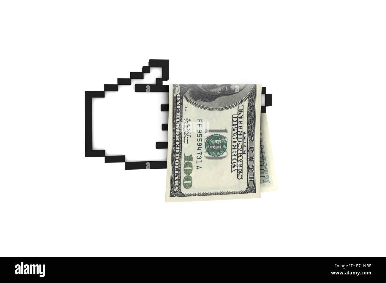Hundred dollar banknote on computer mouse hand cursor icon, isolated on ...