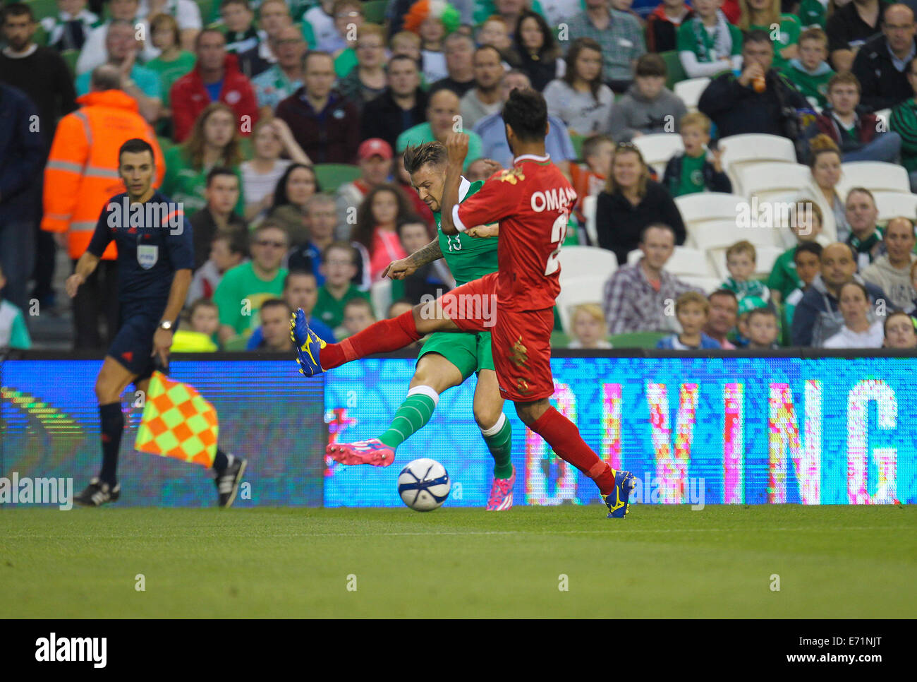 Dublin, Ireland. 03rd Sep, 2014. International friendly fixture Republic of Ireland versus Oman. Anthony Pilkington (Ireland) crosses the ball. Ireland won the match by the score of 2-0 Credit:  Action Plus Sports/Alamy Live News Stock Photo