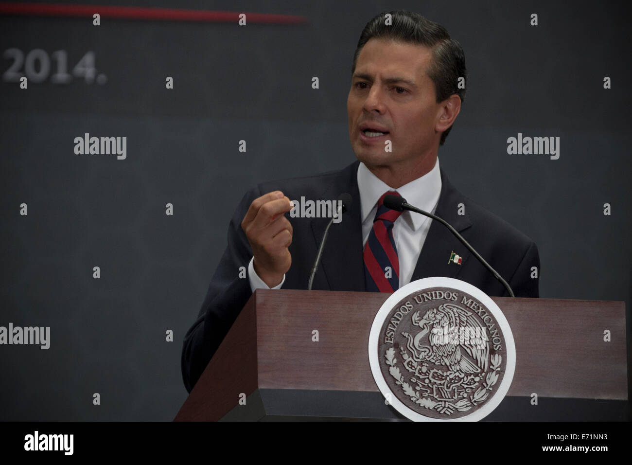 Mexico City, Mexico. 3rd Sep, 2014. The Mexican President, Enrique Pena Nieto, delivers a speech during a ceremony to announce the winning design for the new international airport in Mexico City, Mexico, on Sept. 3, 2014. British architect Norman Foster and Mexico's Fernando Romero were announced here to be the winners for the design contract of Mexcio City's new airport. With a budget of 9.23 billion U.S. dollars, the new airport will have six landing strips and serve 126 million passengers a year Credit:  Xinhua/Alamy Live News Stock Photo