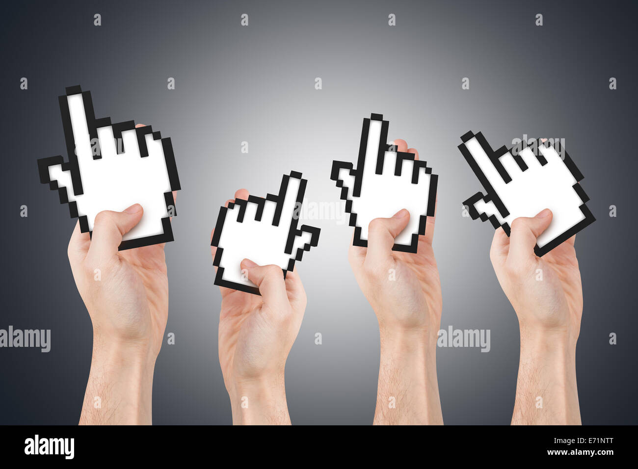 Group of hands holding computer mouse hand cursor symbols Stock Photo