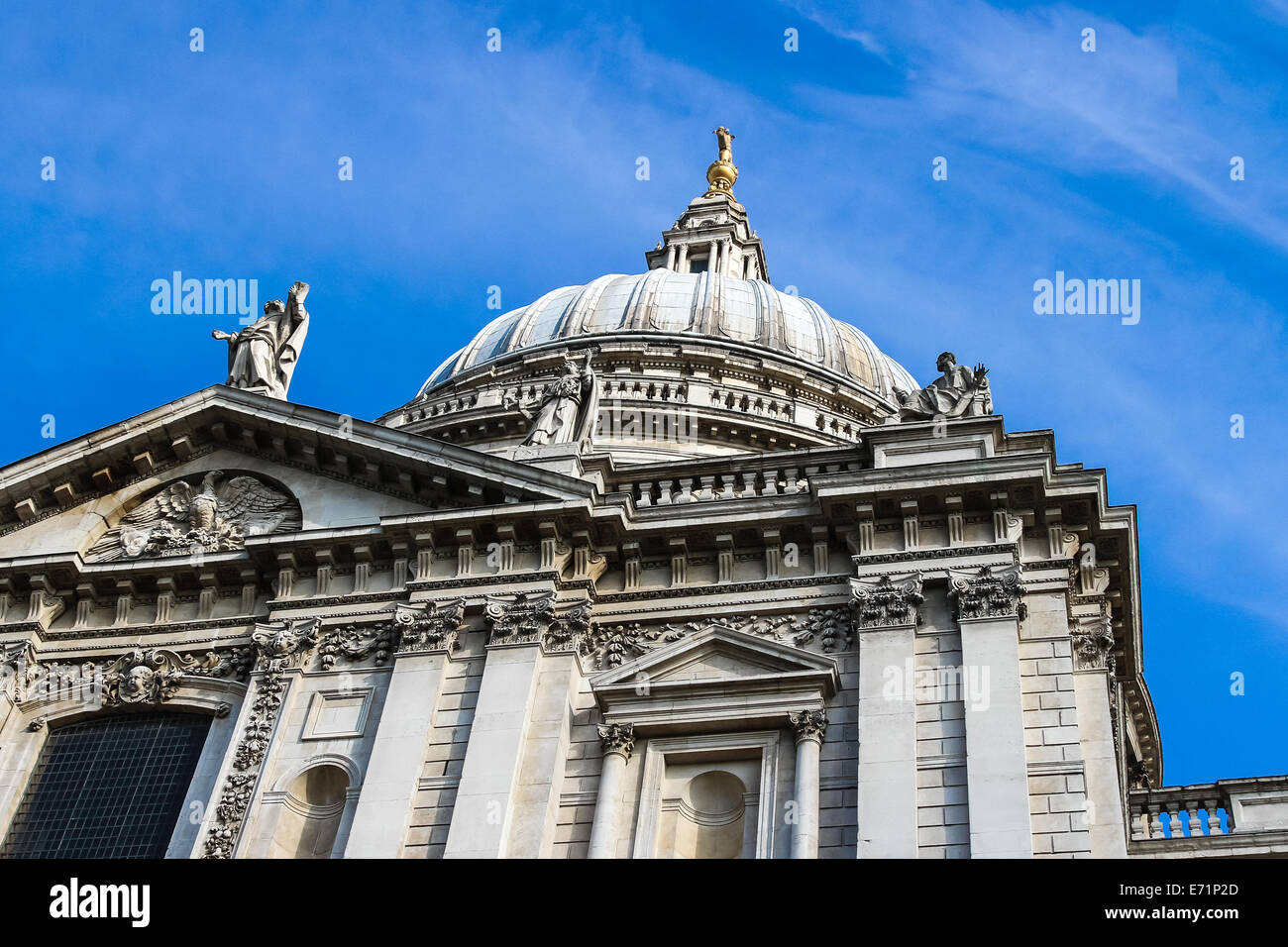 A general view of St. Paul's Cathedral, London with a deep blue sky with light wispy clouds Stock Photo