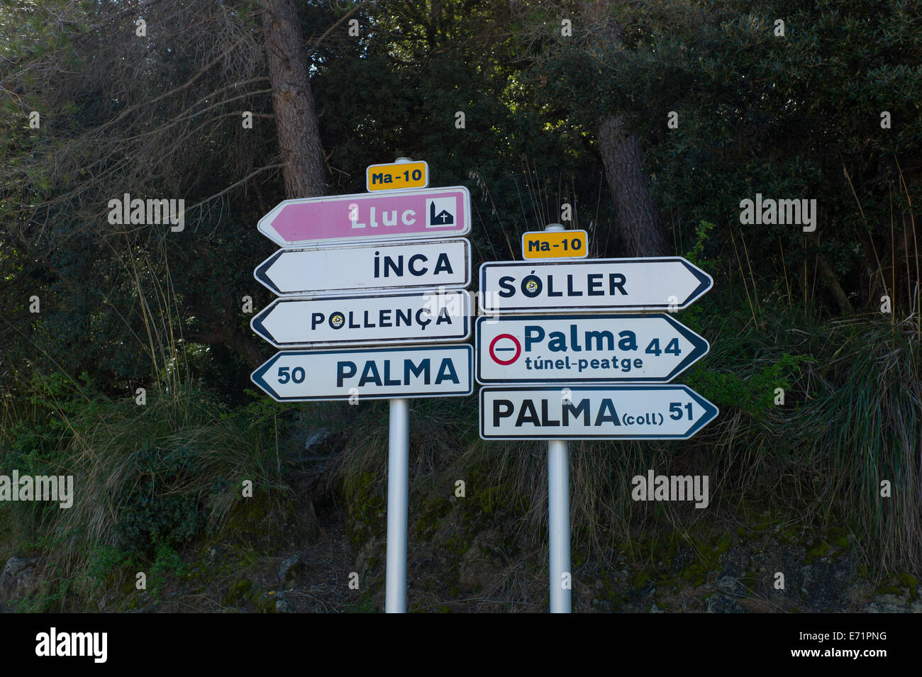 signposts at Sa Calobra, Mallorca Stock Photo