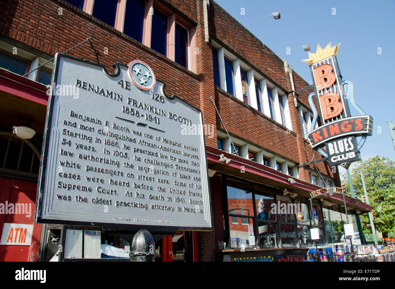 USA, Tennessee, Memphis, Beale Street. Downtown sign for Benjamin Franklin Booth prominent African-American attorney. Stock Photo