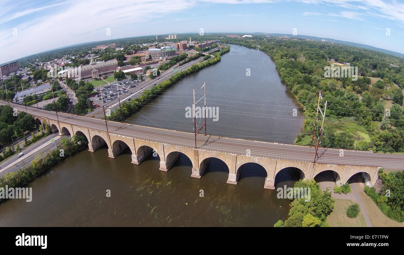 Aerial image of the Northeast Corridor Railroad Bridge over the Raritan River in New Brunswick, New Jersey Stock Photo