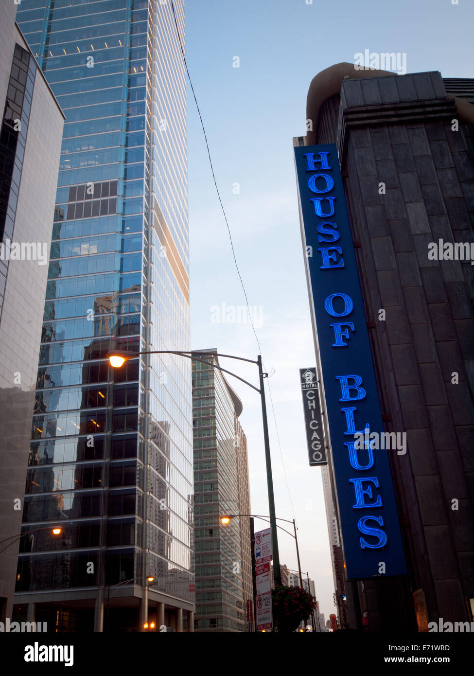 A view of the external sign of the House of Blues on North Dearborn Street in Chicago, Illinois. Stock Photo