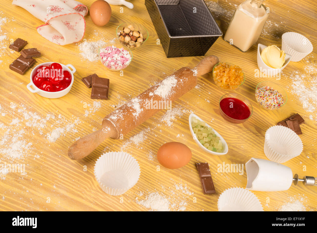 A table full of ingredients and objects for homemade baking Stock Photo ...