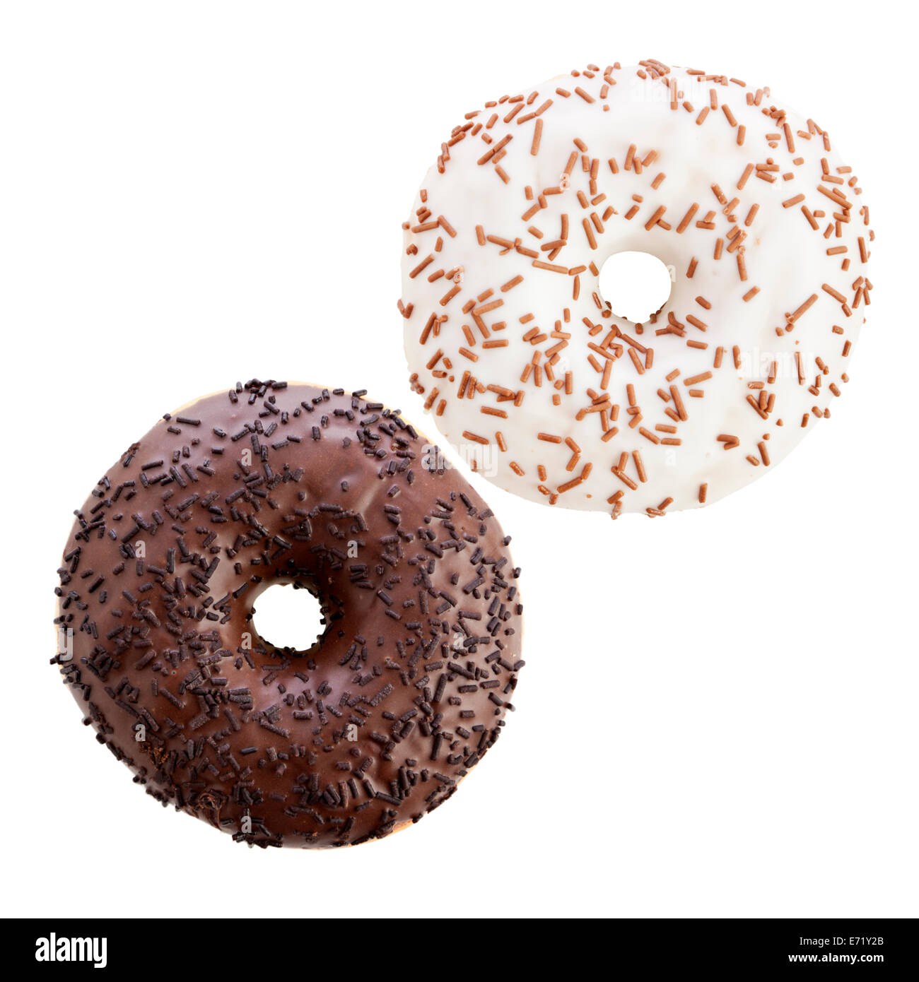 Dark and white chocolate sprinkle donuts isolated on white background Stock Photo