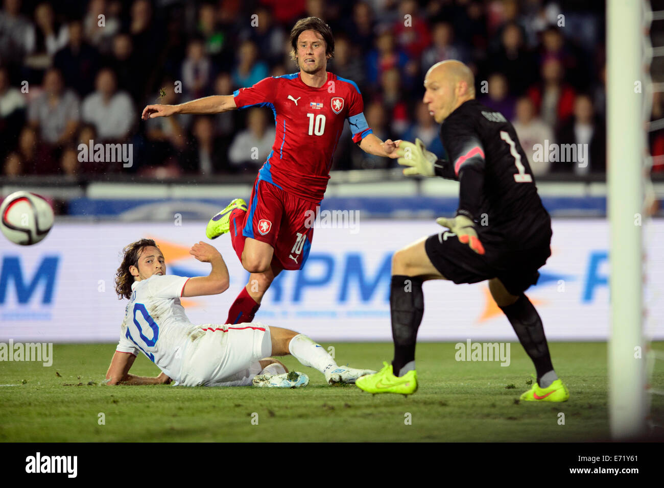 Left to right: Mix Diskerud of USA, Czech Republic's Tomas Rosicky and goalkeeper Brad Guzan of USA are seen during the soccer friendly match Czech Republic vs USA in Prague, Czech Republic, September 3, 2014. (CTK Photo/Michal Kamaryt) Stock Photo