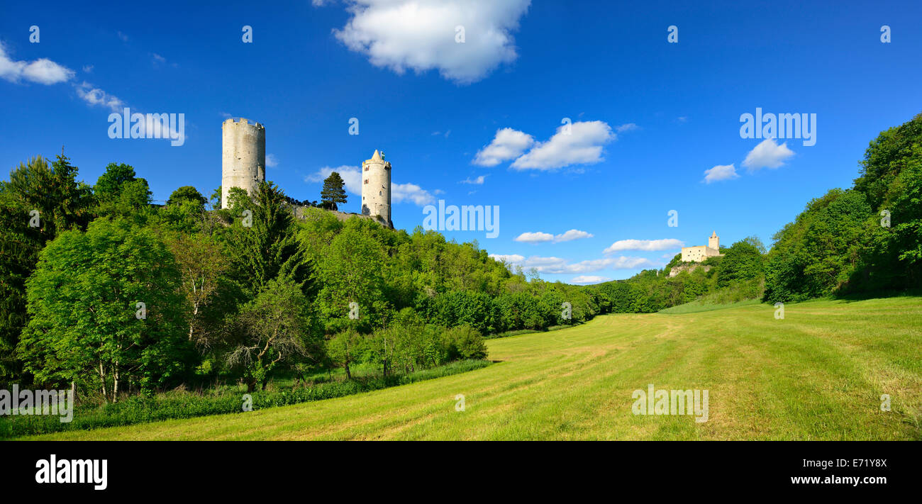 Ruins of Rudelsburg Castle and Burg Saaleck Castle, near Bad Kösen, Saxony-Anhalt, Germany Stock Photo