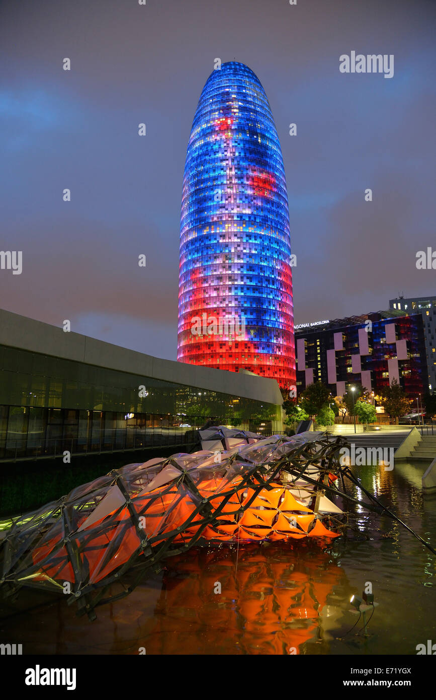 Torre Agbar, architect Jean Nouvel, at dusk, Avinguda Diagonal, Barcelona, Catalonia, Spain Stock Photo