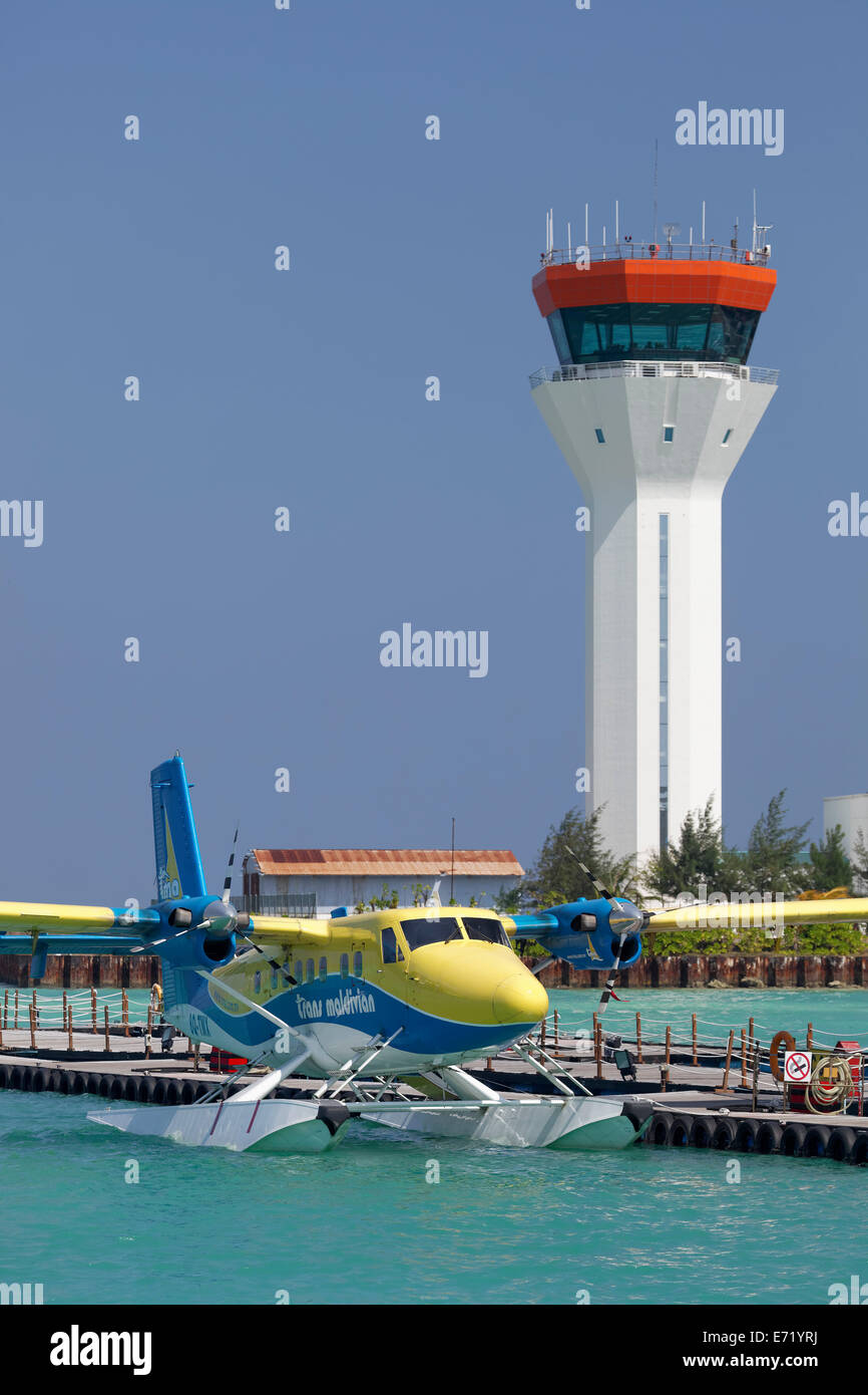 Hydroplane, DHC-6 400 Twin Otter, Trans Maldivian Airways, tower, Malé International Airport, Hulhulé, Maldives Stock Photo