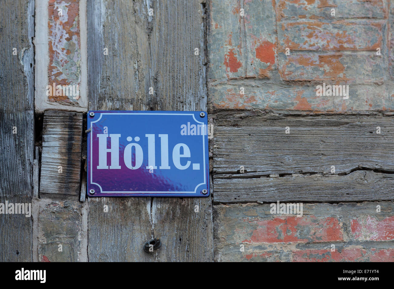 Street sign 'Hölle', German for 'Hell', Quedlinburg, Saxony-Anhalt, Germany Stock Photo