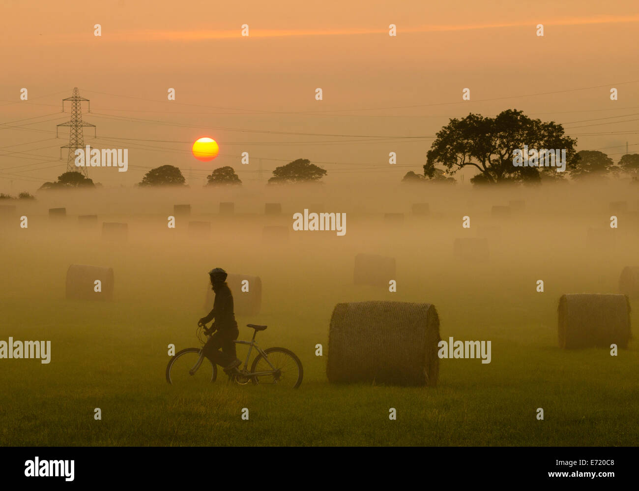 Female mountain biker on misty morning at sunrise. UK Stock Photo