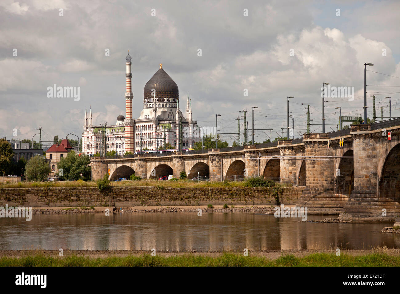 former cigarette factory building Yenidze and river Elbe in Dresden, Saxony, Germany, Europe Stock Photo
