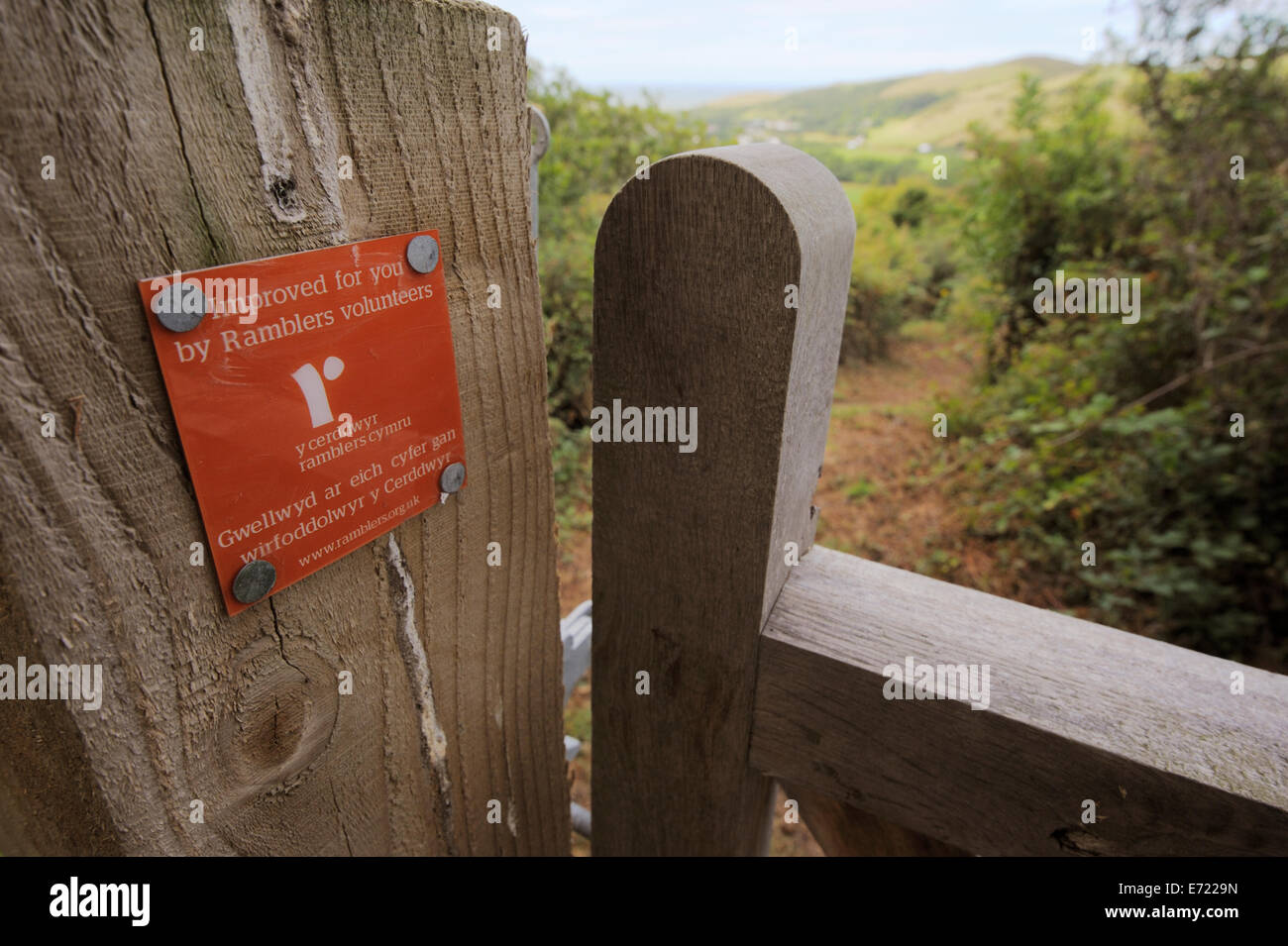 Wooden gate installed on a public right of way footpath by Ramblers volunteers, Llanrhystud, Wales, UK. Stock Photo