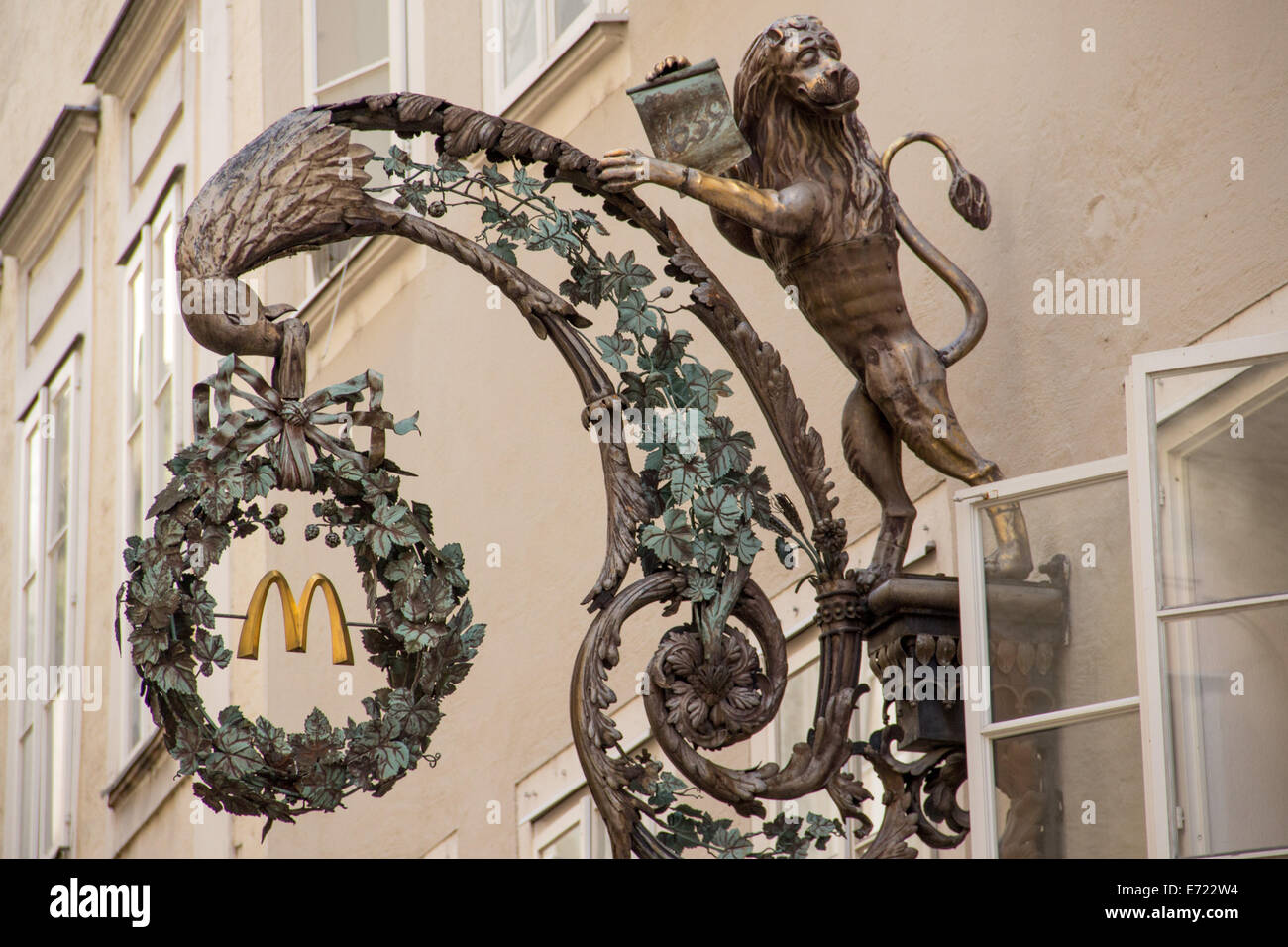 Austria: Iron McDonald's-Logo at Salzburg's Getreidegasse. Photo from 30 March 2014. Stock Photo