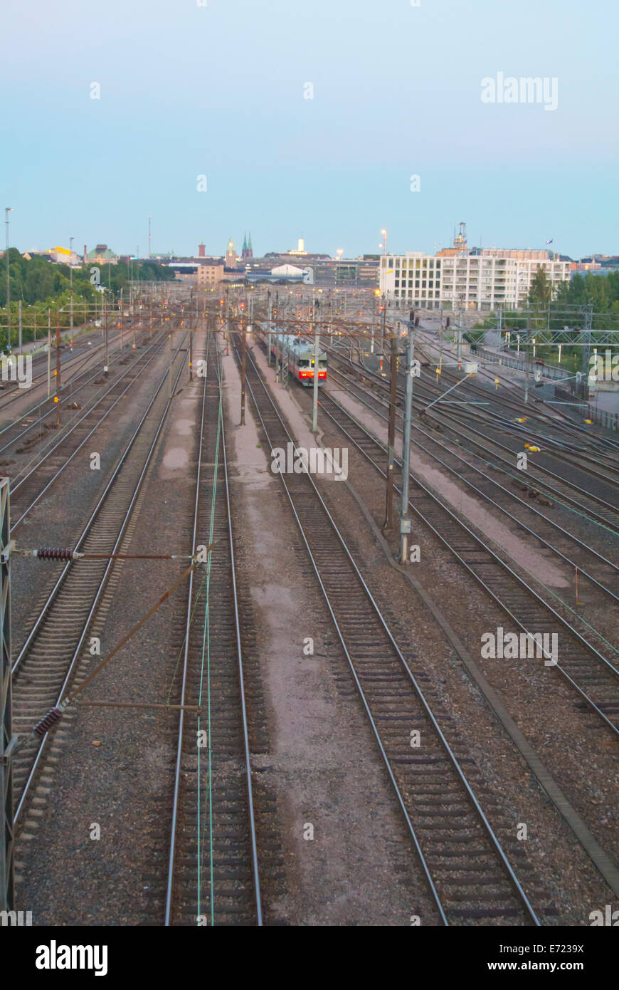 Railway tracks leading to the central railway station, Helsinki, Finland, Europe Stock Photo