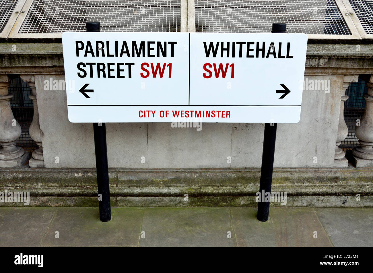 London, England, UK. Street sign in Westminster - where Whitehall meets Parliament Street Stock Photo