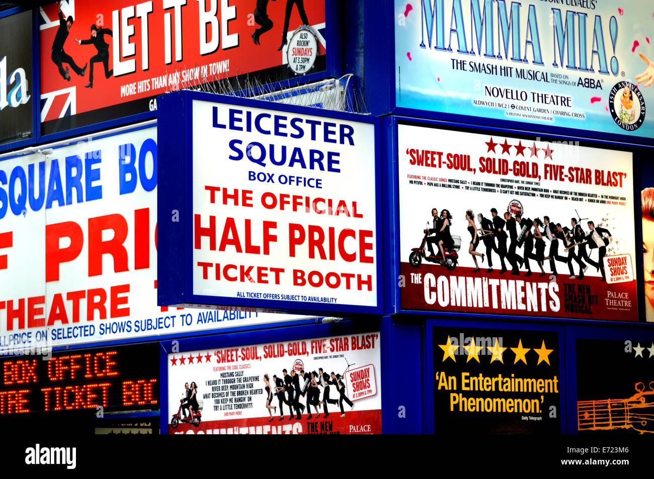 London, England, UK. 'Half Price' theatre ticket booth in Leicester Square Stock Photo