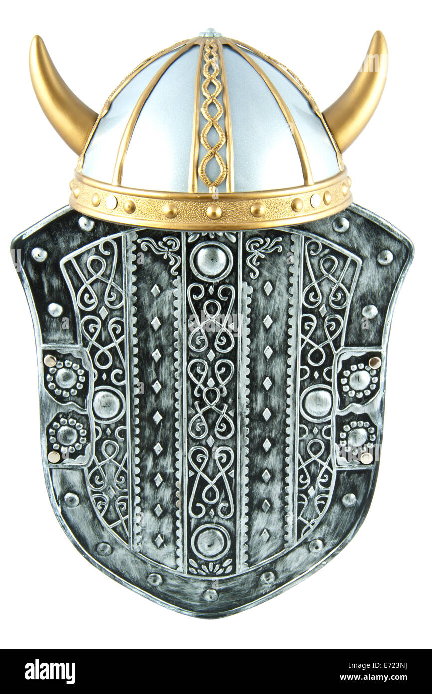 Old shield with old viking helmet isolated over white Stock Photo