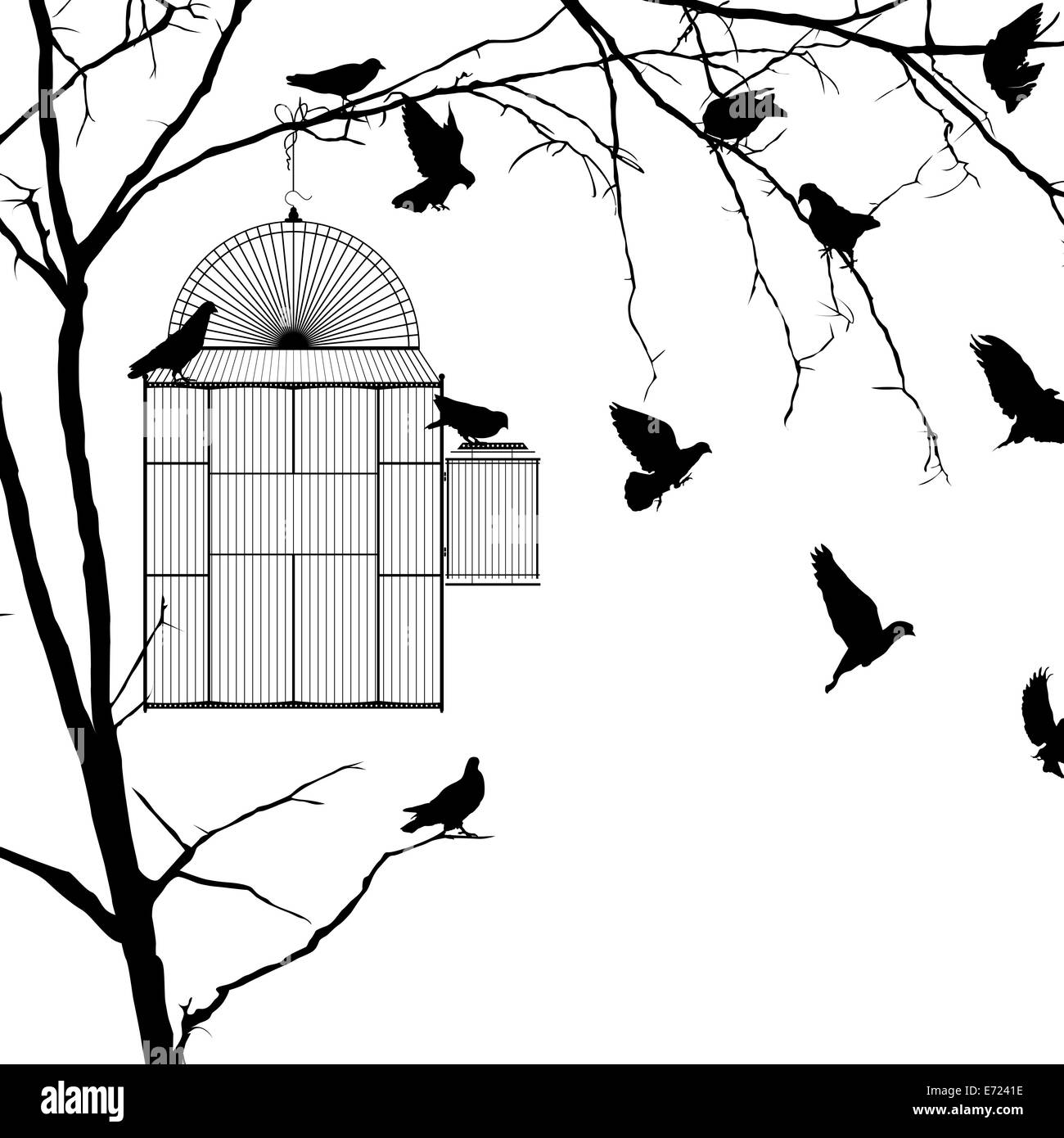 Bird cage silhouette over white background Stock Photo