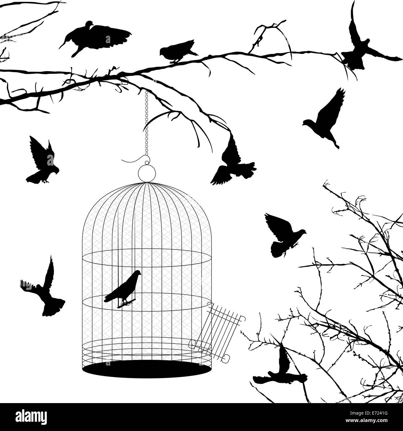 Birds and cage silhouettes over white background Stock Photo