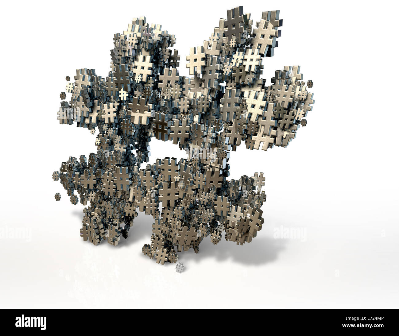 A concept image showing a collection of small metallic hashtags of ...