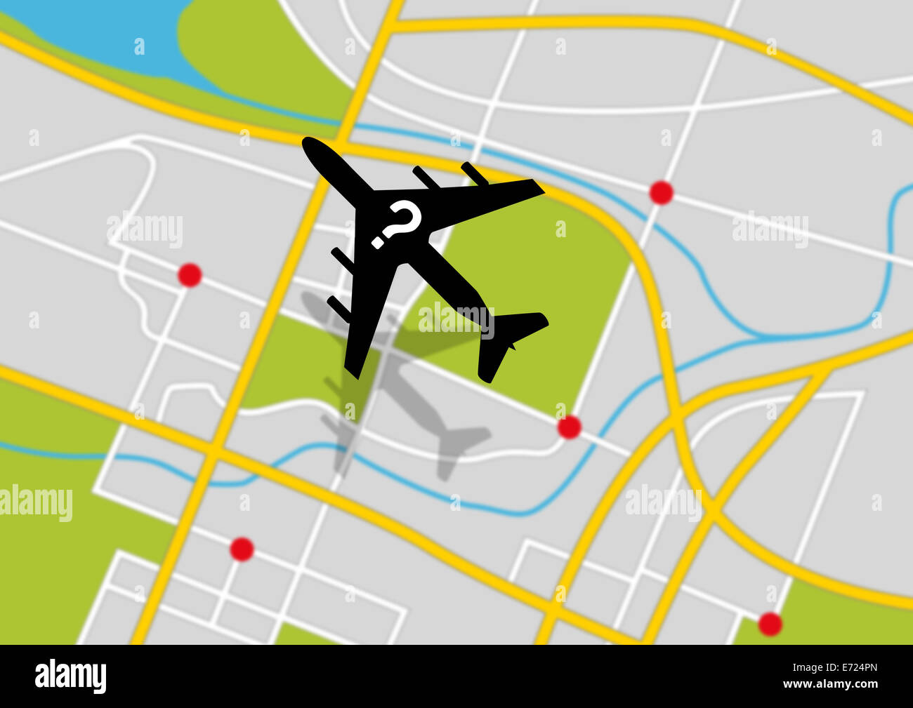 A silhouette of a plane with a question mark flying above a gps type land map depicting a missing airplane Stock Photo