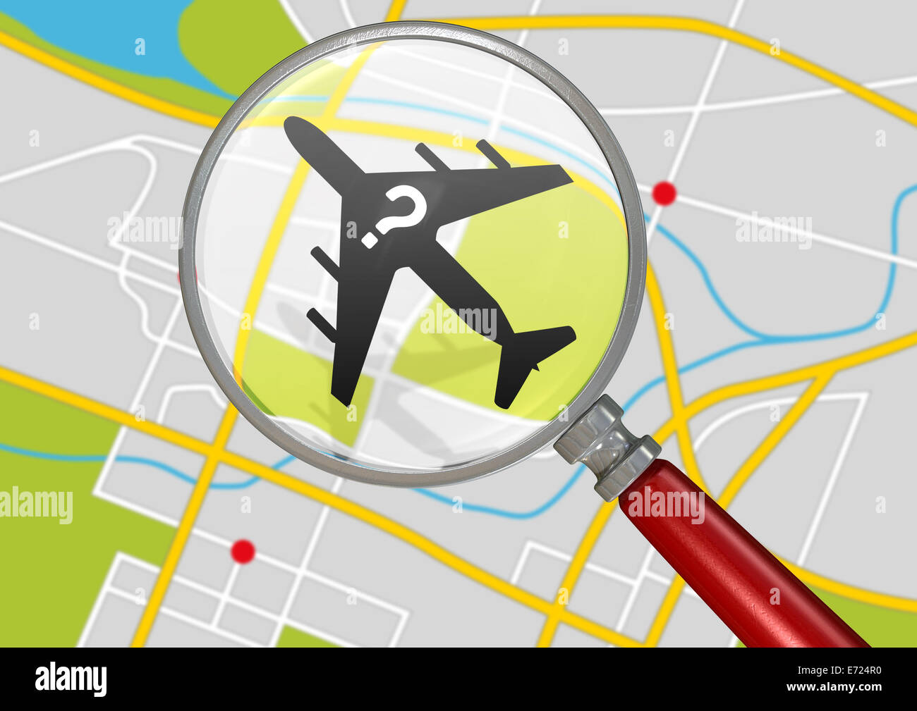 A silhouette of a plane with a question mark flying above a gps type land map  magnified by a magnifying glass depicting searchi Stock Photo