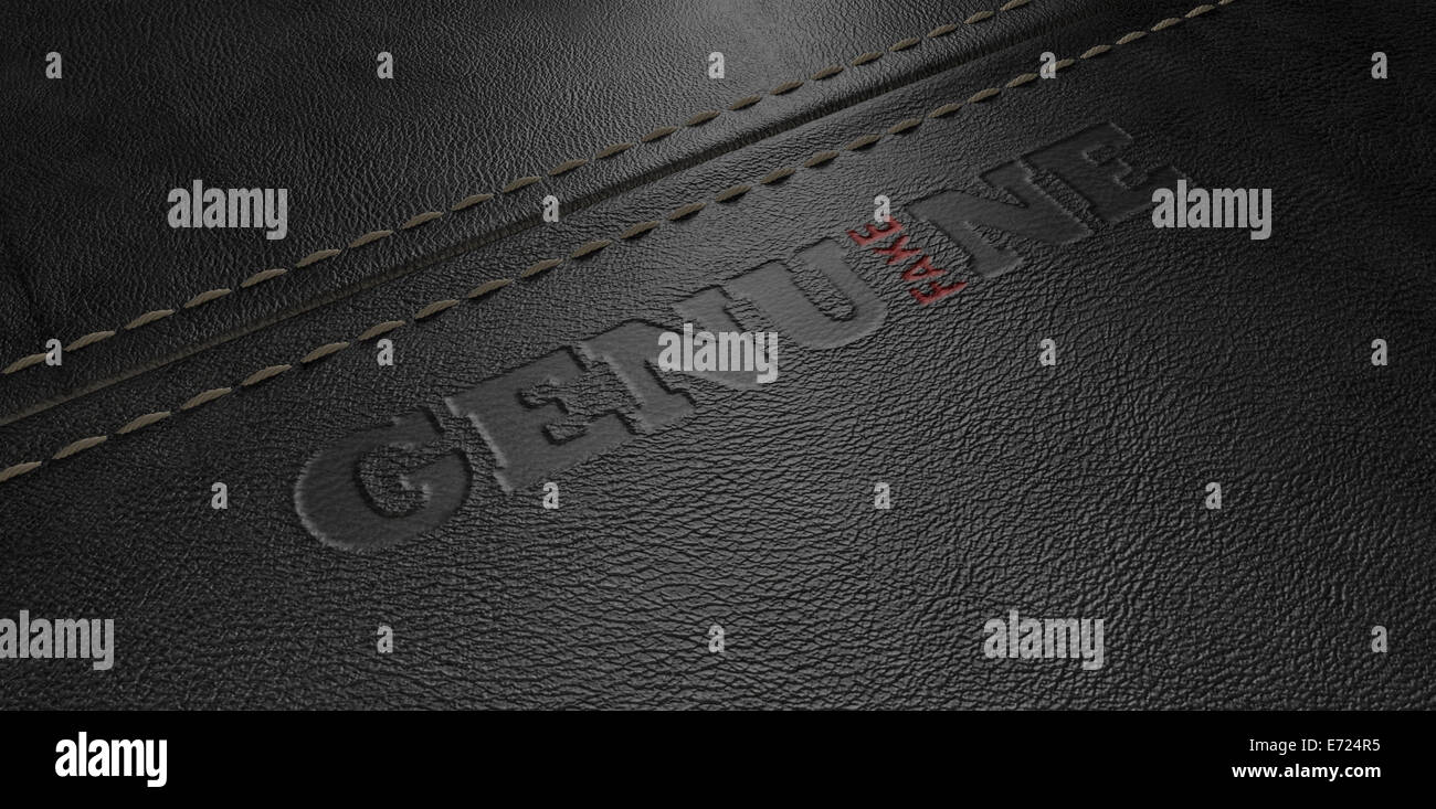 A concept image showing a regular stitched sheet of black leather with an embossed stamp reading genuine but the one letter read Stock Photo