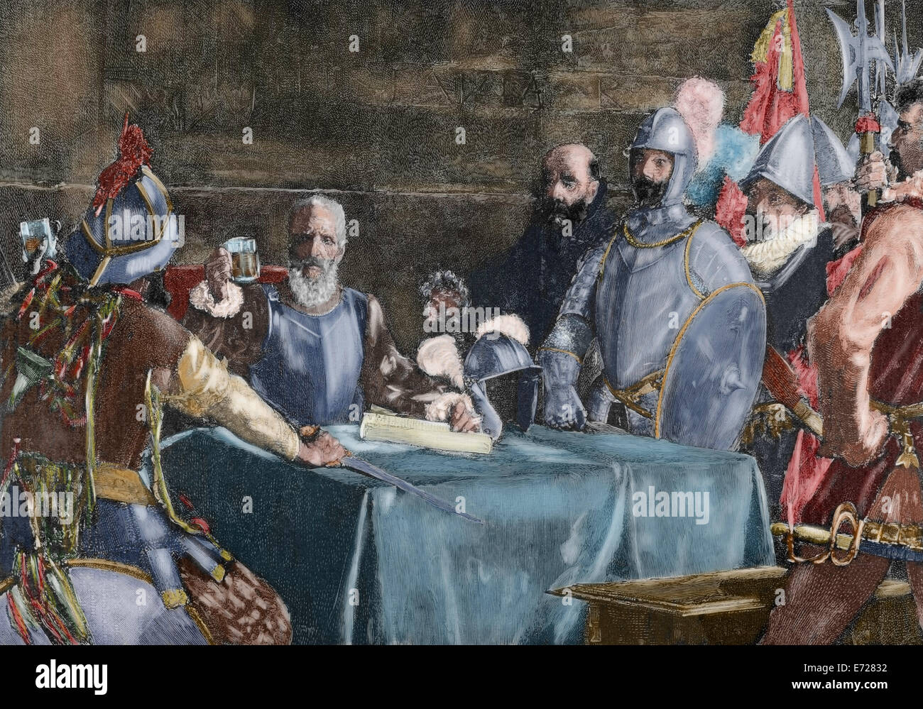 Lopez de Legazpi (1503-1572). Spanish admiral and governor. The Blood Compact's ceremony between Legazpi and Sikatuna. Colored. Stock Photo