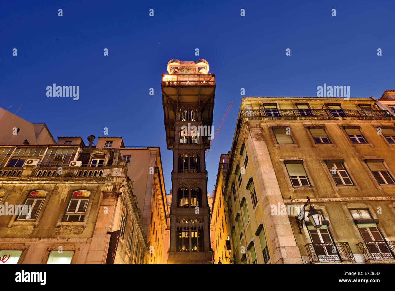 Portugal: Nocturnal view of the Santa Justa Elevator in downtown Lisbon Stock Photo