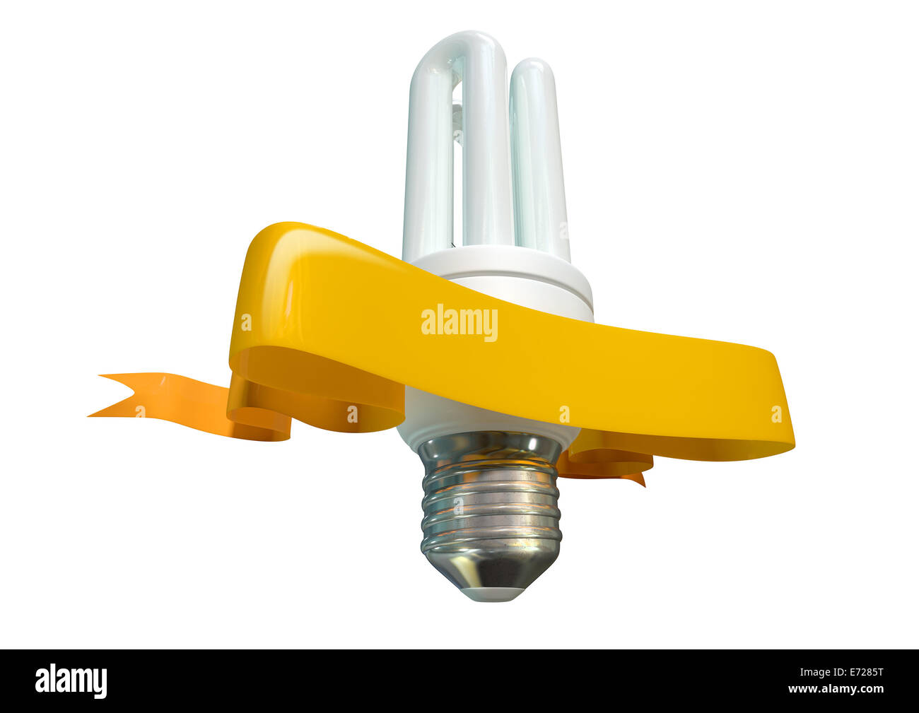 A regular fluorescent light bulb with shiny yellow banner on it on an
