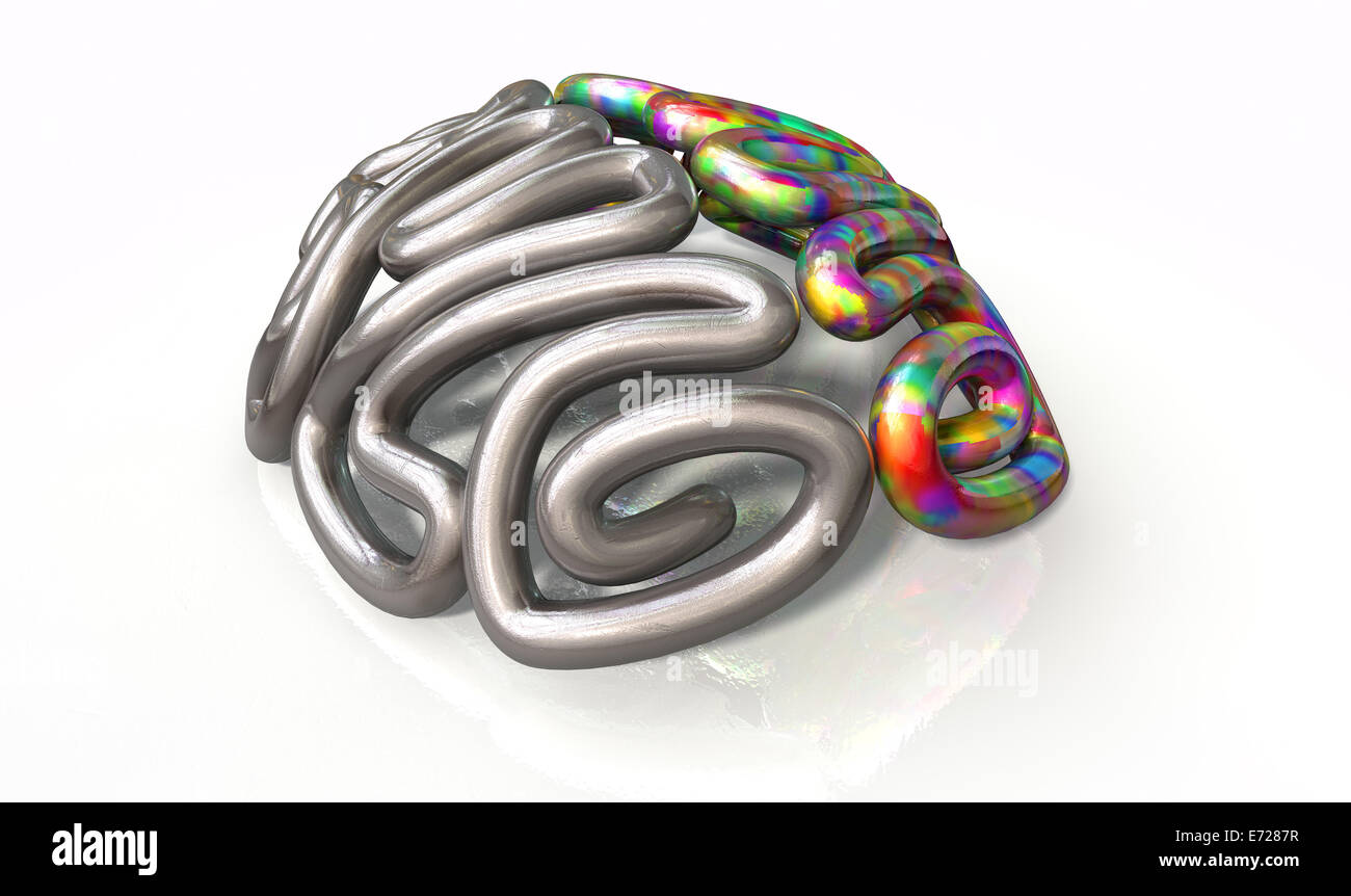 A stylized metal casting depicting a brain with the left side depicting an conservative and logical mind, and the right side dep Stock Photo