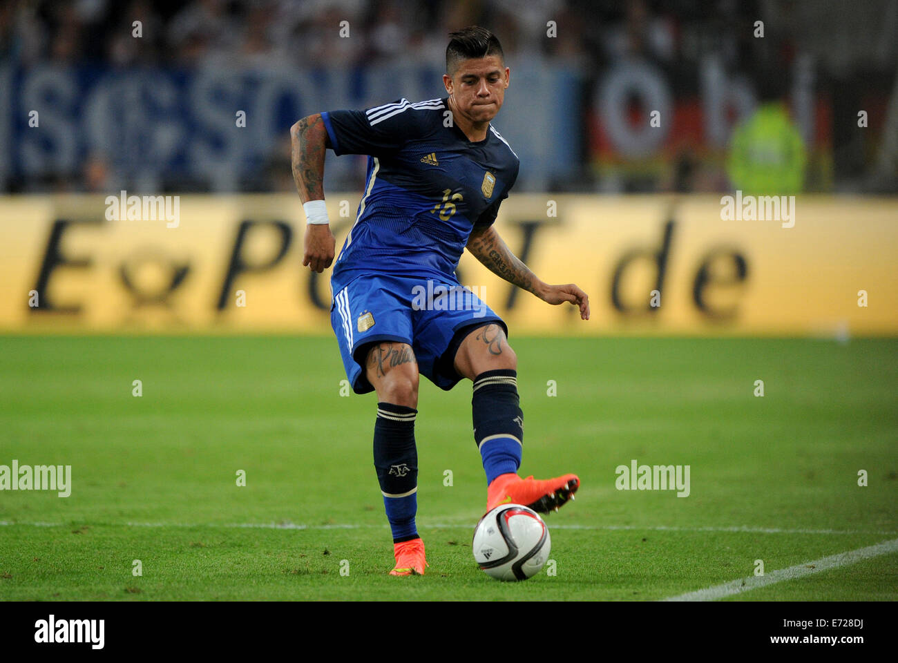 Duesseldorf, Germany. 03rd Sep, 2014. Argentina's Marcos Rojo controls the ball during the international match between Germany vs Argentina at Esprit arena in Duesseldorf, Germany, 03 September 2014. Photo: Jonas Guettler/dpa/Alamy Live News Stock Photo