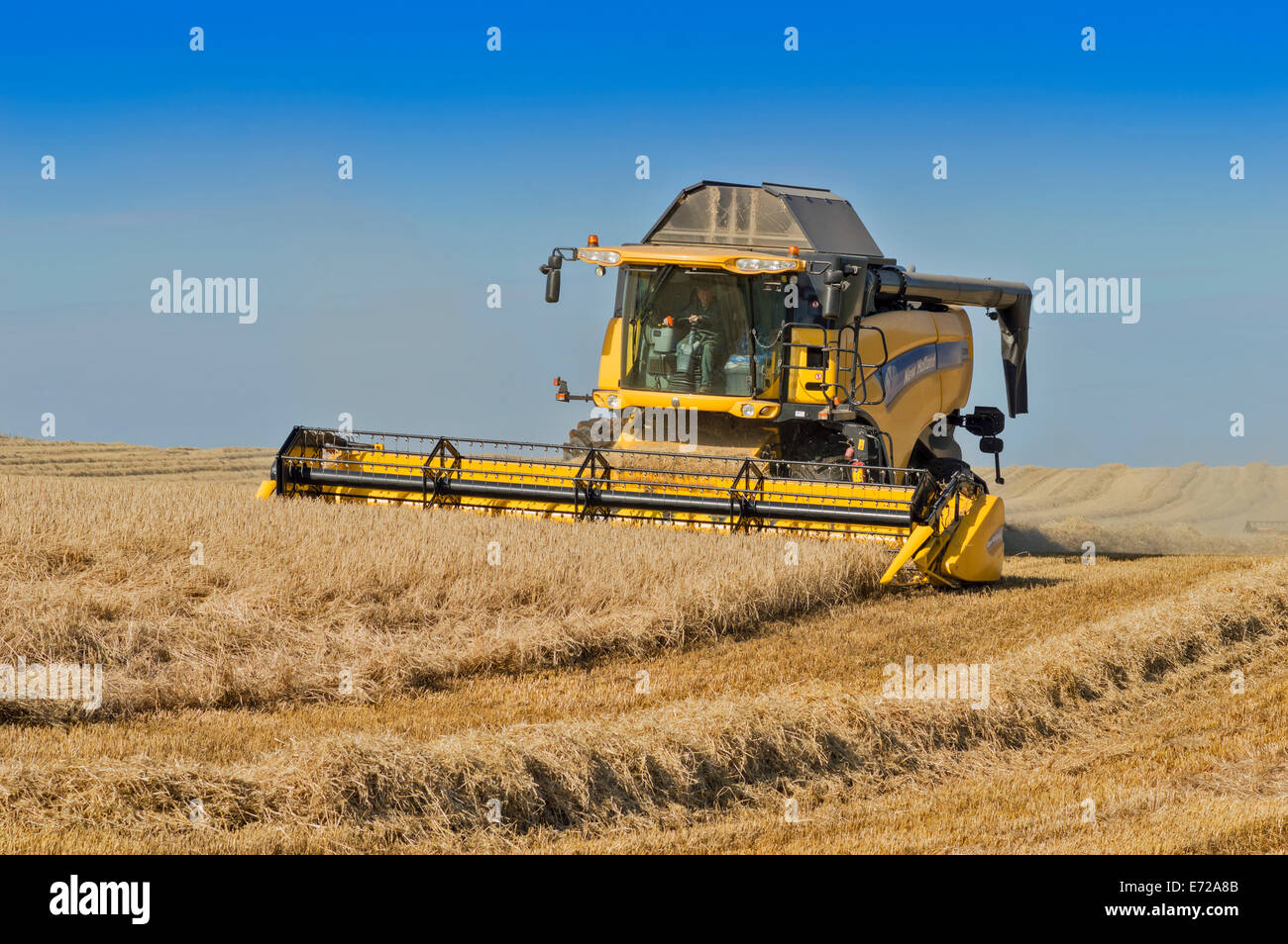 COMBINE HARVESTER ABERDEENSHIRE SCOTLAND  COMPLETING THE MOWING IN A BARLEY FIELD Stock Photo