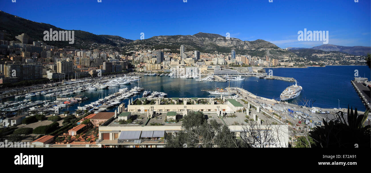 Panorama of Monaco with Port Hercule and the district of Monte-Carlo, seen from the historic town centre, Principality of Monaco Stock Photo
