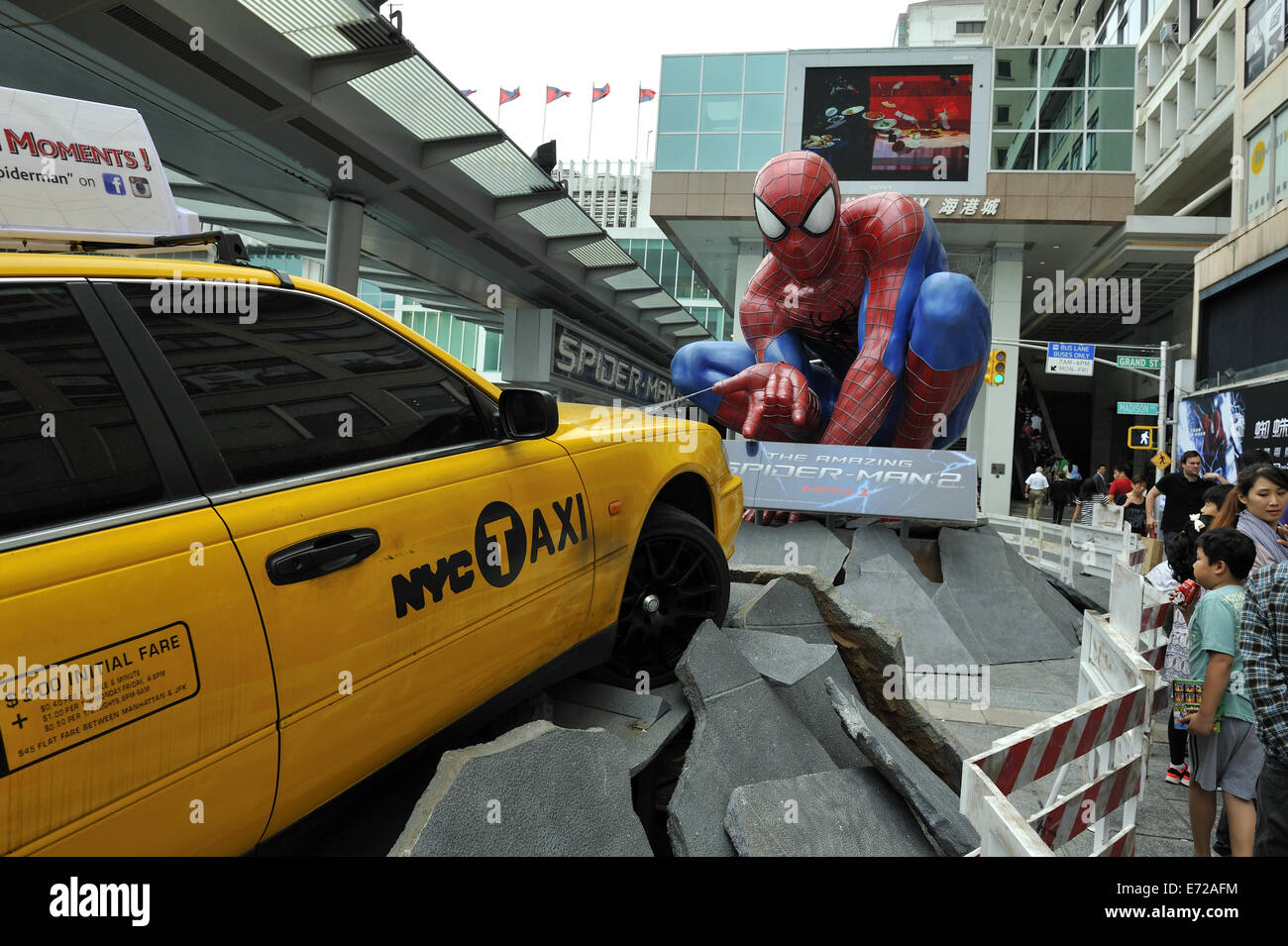 Spider-Man and New York Yellow cab taxi promotion in Kowloon, Hong Kong, China Stock Photo