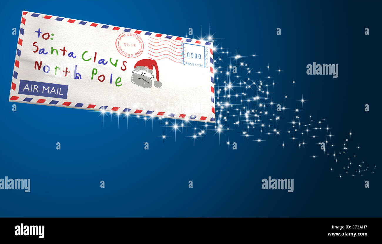 An airmail envelope addressed to santa claus flying through the air