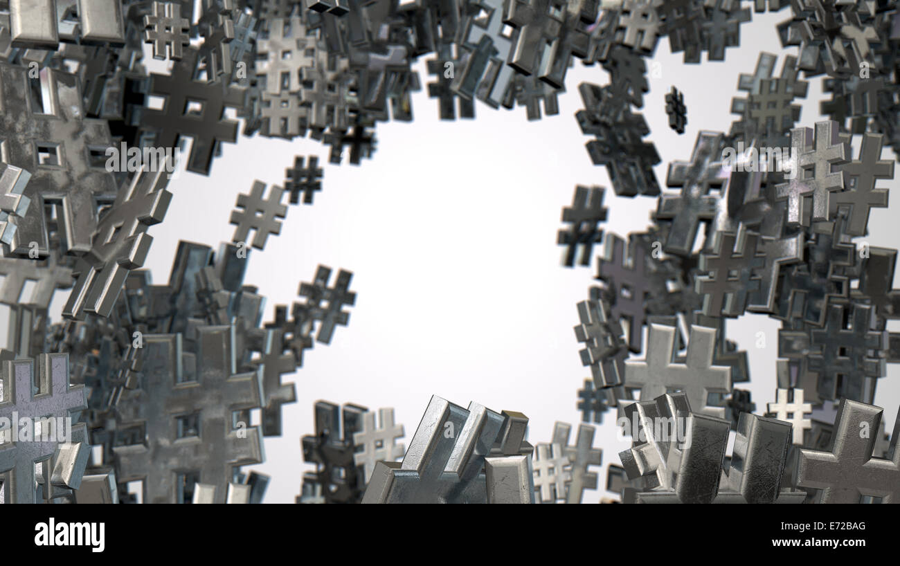 A concept image showing a collection of small metallic hashtags of ...