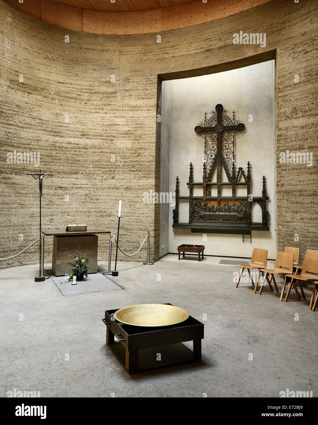 Germany, Berlin, Gedenkstatte Berliner Mauer also known as the Berlin Wall Memorial Exhibition at Bernauer Strasse  the interior of the restored Chapel of Reconciliation which was once within the death strip and thus was demolished in 1985. Stock Photo