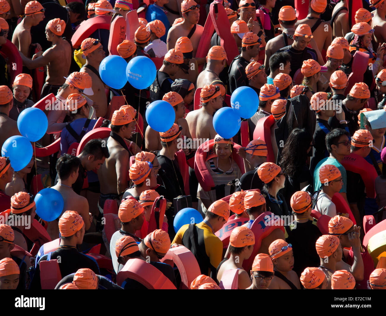 Swim teams gather at the Sun Moon Lake Swim starting line. Over 26'000