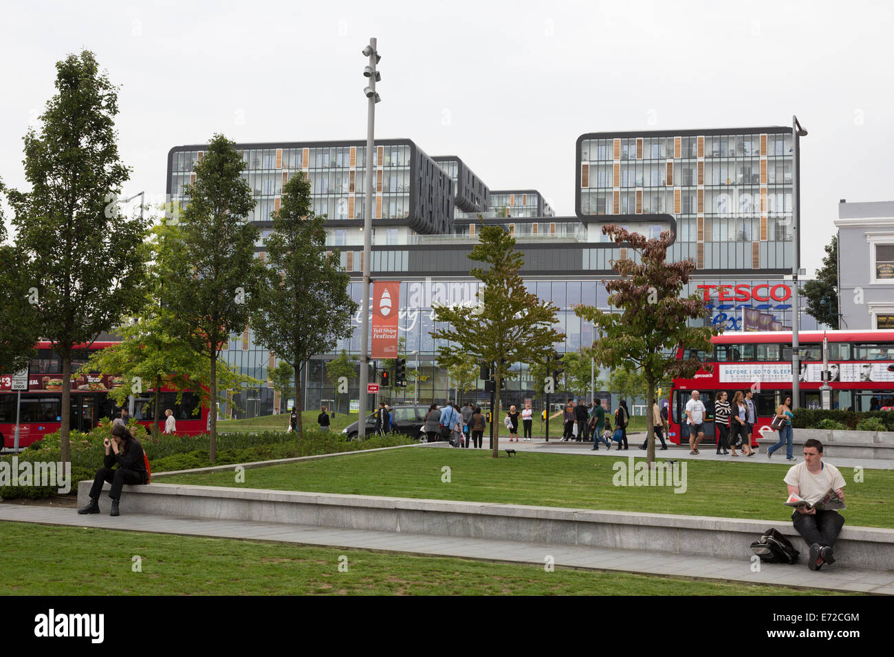 Woolwich, London, UK. 4 September 2014. The London supermarket complex 'Woolwich Central', home to a Tesco superstore with residential flats above the store has been named the UK's worst new building and been awarded the Carbuncle Cup 2014. The complex, designed by architect Sheppard Robson, comprises 189 apartments in six interconnected blocks over 17 storeys. Woolwich Central got the highest number of votes in an online competition run by Building Design Magazine (BD). Credit:  Nick Savage/Alamy Live News Stock Photo