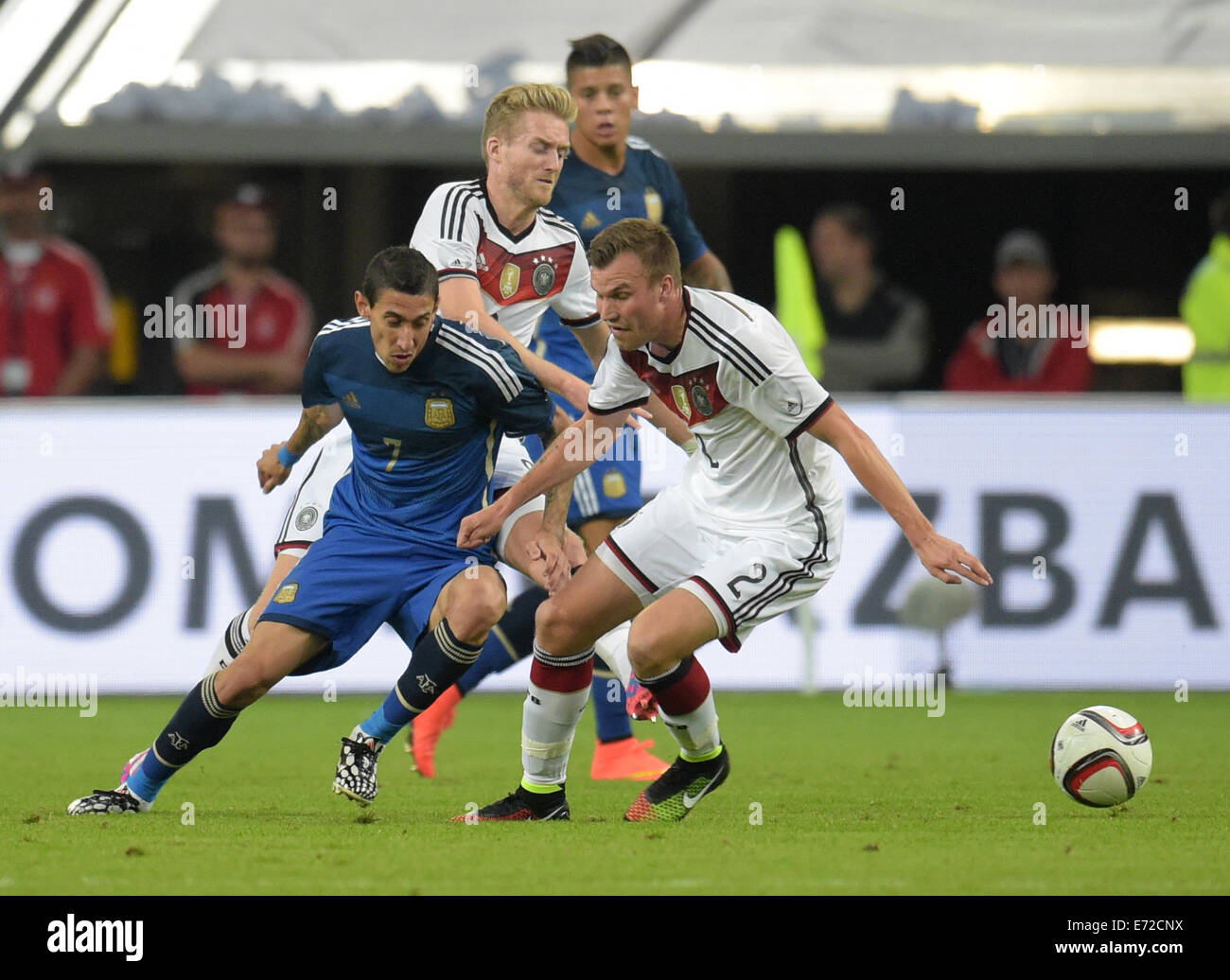 Duesseldorf, Germany. 03rd Sep, 2014. Germany's Kevin Grosskreutz (R) and Argentina's Angel Di Maria (L) vie for the ball during the international match between Germany and Argentina at Esprit Arena in Duesseldorf, Germany, 03 September 2014. Photo: BERND THISSEN/dpa/Alamy Live News Stock Photo