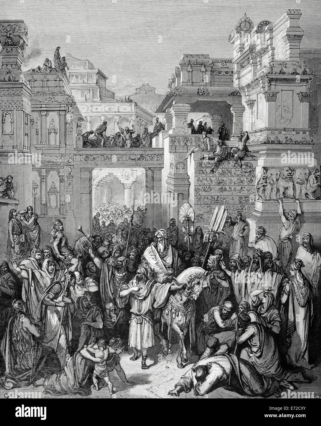 Old Testament. Book of Esther. The Triumph of Mordecai. Drawing by Hotelin, engraving by Gustave Dore. 19th century. Stock Photo