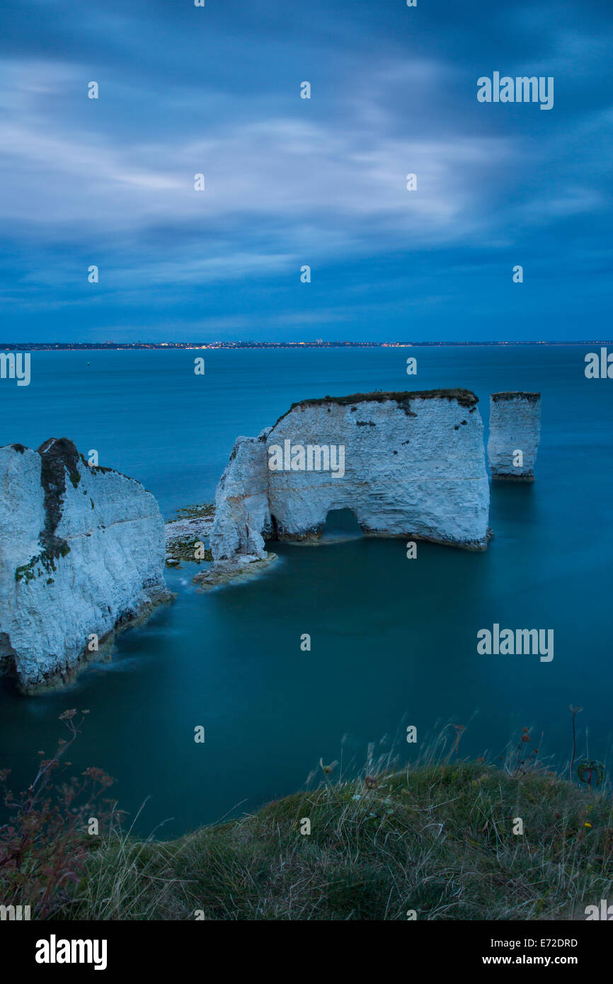 Twilight over the white cliffs and Harry Rocks at Studland, Isle of Purbeck, Jurassic Coast, Dorset, England Stock Photo