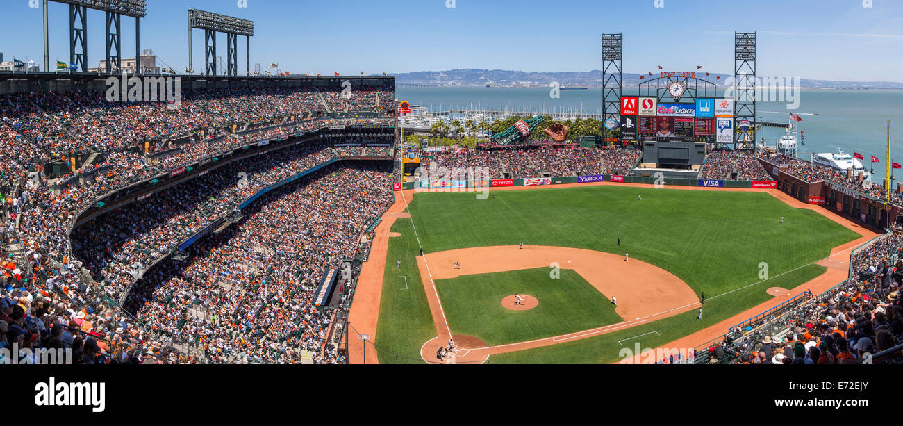 Panoramic of AT&T Park during San Francisco Giants baseball game in San Francisco, California, USA . Stock Photo