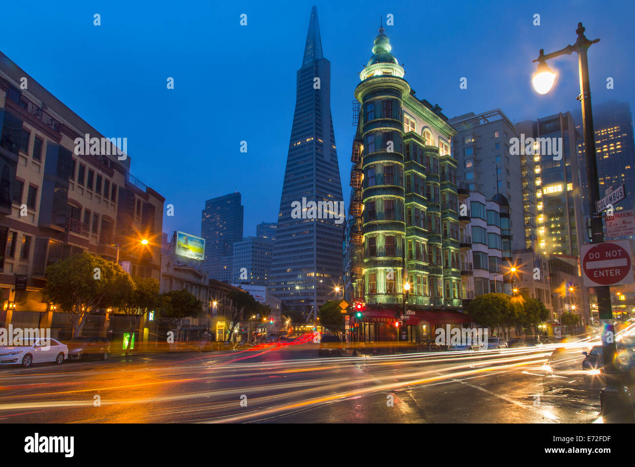 The TransAmerica and Coppola Sentinel Building on a rainy evening in downtown San Francisco, California, USA. Stock Photo